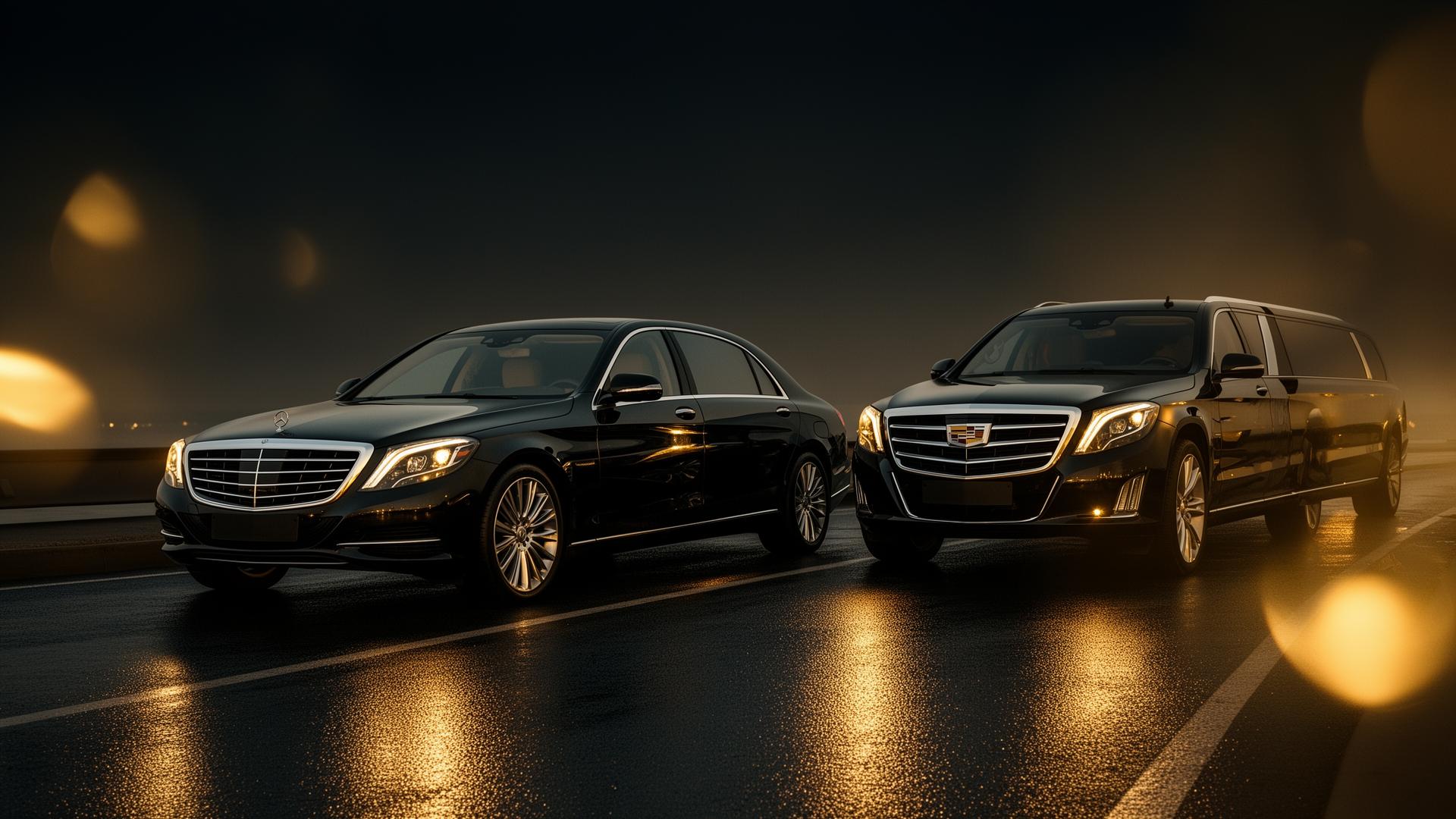 Luxury black sedan and SUV at dusk for premium chauffeur transport